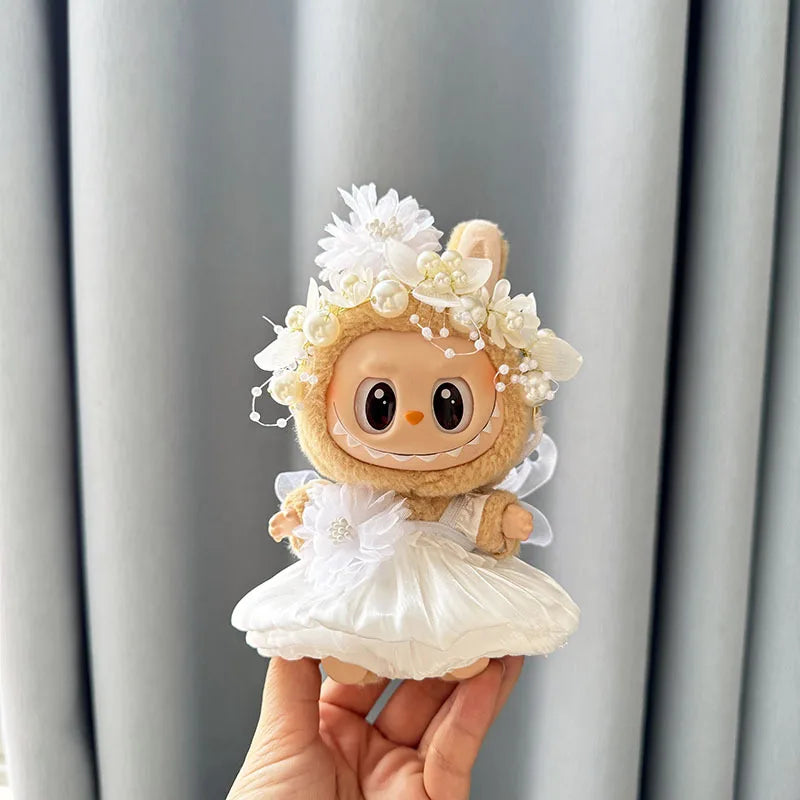Luxury Plush Wedding Dress Dolls Clothes for Labubu I II Korea Style Fluffy Romantic Wedding Dress Flower Hat Suit for Ladbubu