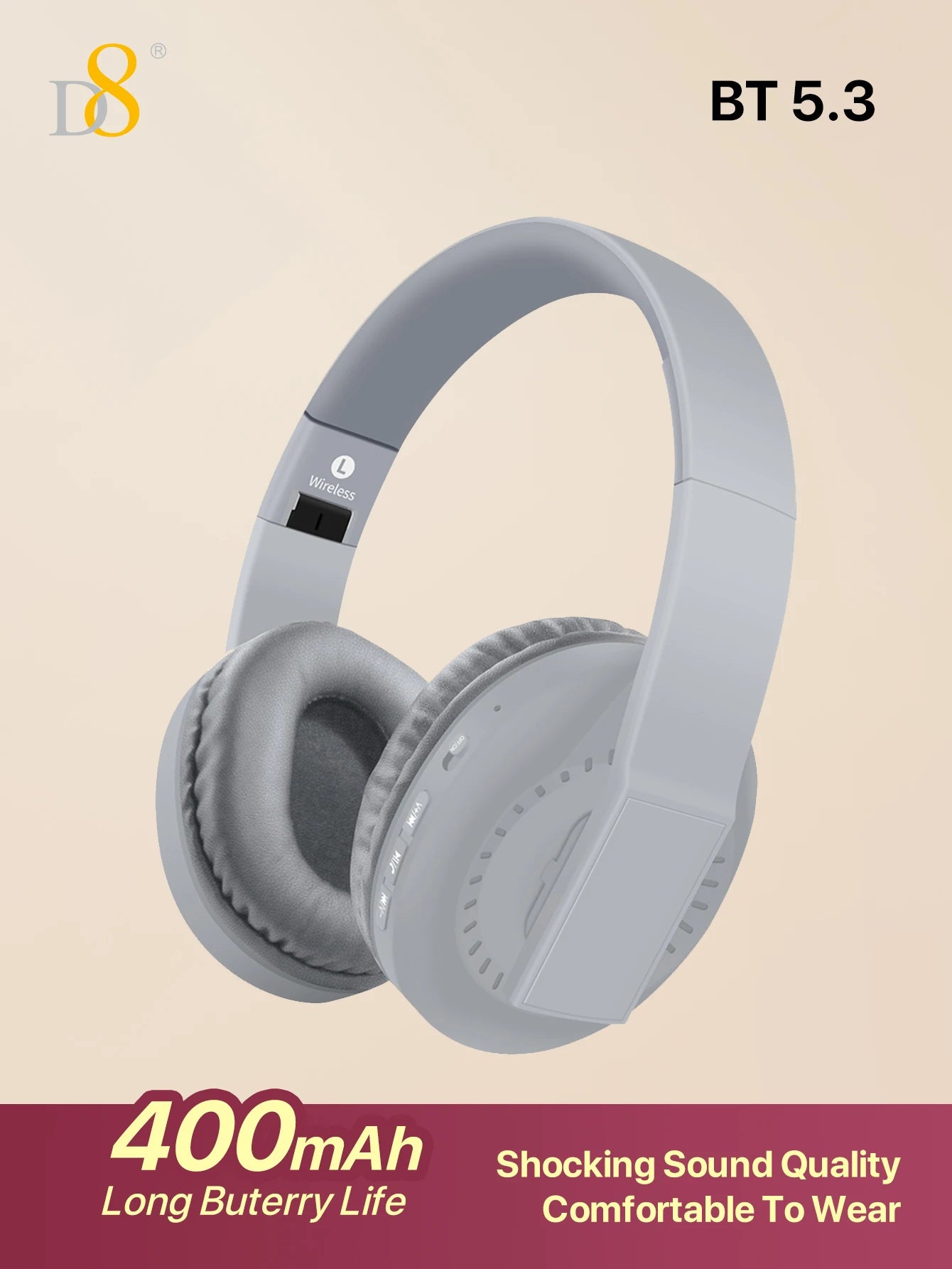D8 Over Ear  Headphones,  Wireless and Wired Headset Built-in Microphone,  Micro SD Card Slot - (Stealth)  40H Playtime