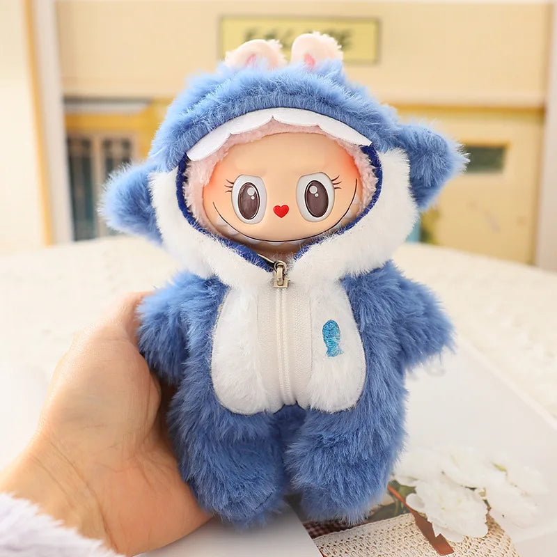 1pc 17cm Labubu Clothes Cute Mini Plush Doll'S Outfit Accessories Blue Shark Jumpsuit Snowman Suit For V1v2 Dolls Girl Kids Gift