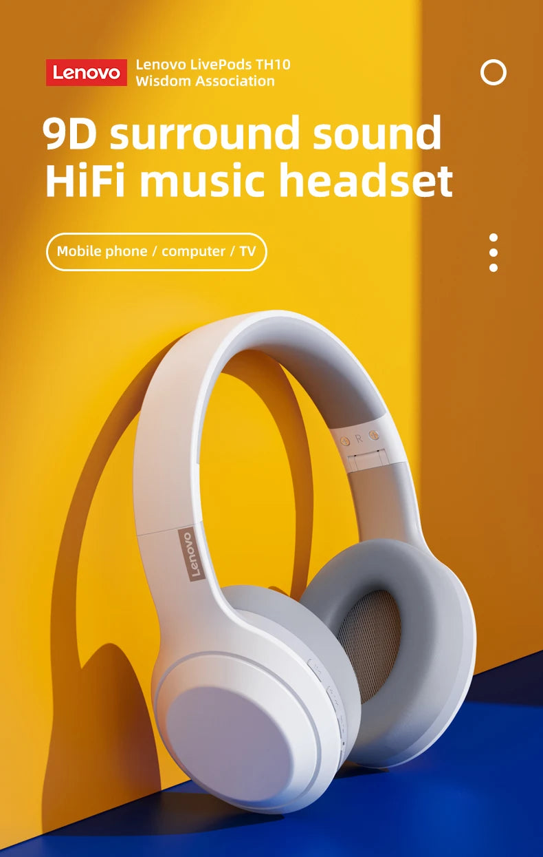 Lenovo TH10 Wireless Bluetooth Headset HIFI Stereo Earphones Foldable Over Ear Earbuds Sports Game Headphones with Microphone