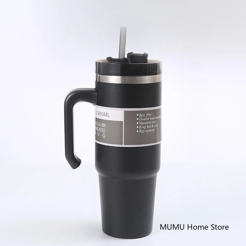 20oz/30oz Stainless Steel Car Thermos Bottle Travel Sports Water Bottle Large Capacity with Handle Straw Mug Outdoor Coffee Cup