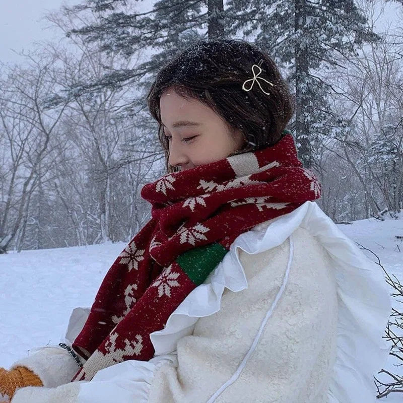 Christmas Scarf Unisex Winter Knitted Scarf Reindeer Christmas Theme Scarves Warm Scarf for Men and Women Christmas Deer Scarf