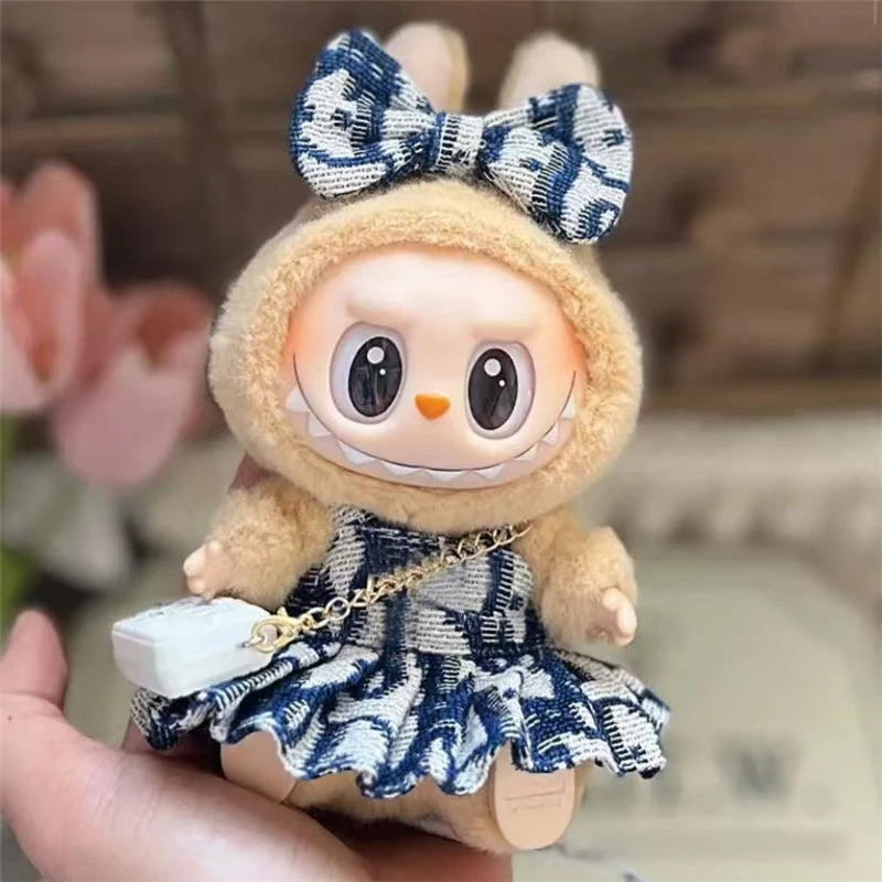 17cm For Labubu Doll Clothing Skirt Bowhair Accessory Set Retro Bib Pants Clothes Luxury Messenger Bag Shoes Set Sitting Party