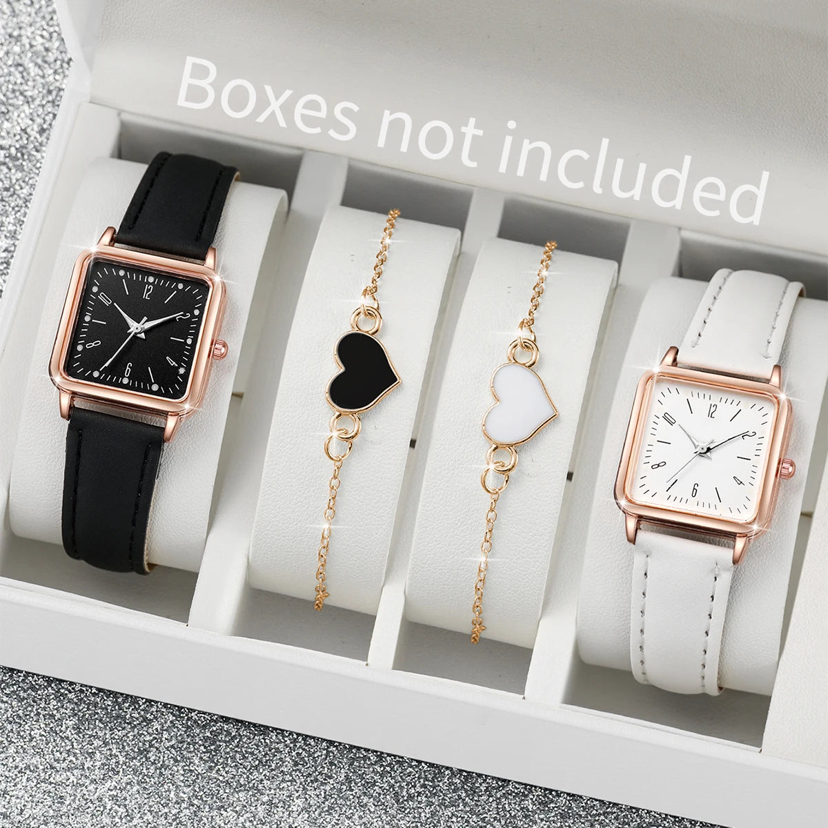 2/4PCS Fashion Square Women's Watch Leather Band Quartz Watches Heart Bracelet Set（Without Box）