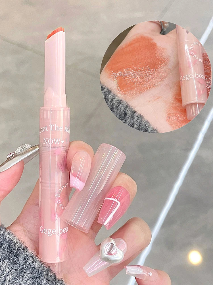 Gege Bear Floral Whisper Moisturizing Mirror Shine Lipstick — Glossy Jelly Finish, Heart-Shaped Bullet, Hydrating Lip Balm