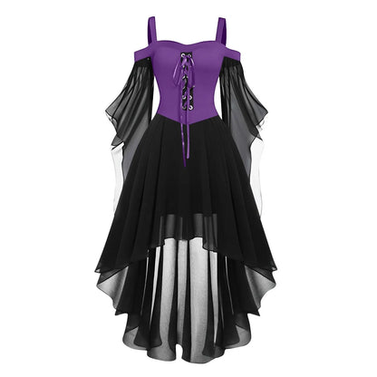 Halloween Witch Cosplay Costumes Women Casual Plus Size Cold Shoulder Dress Solid Color Chiffon Butterfly Sleeve Gothic Dress