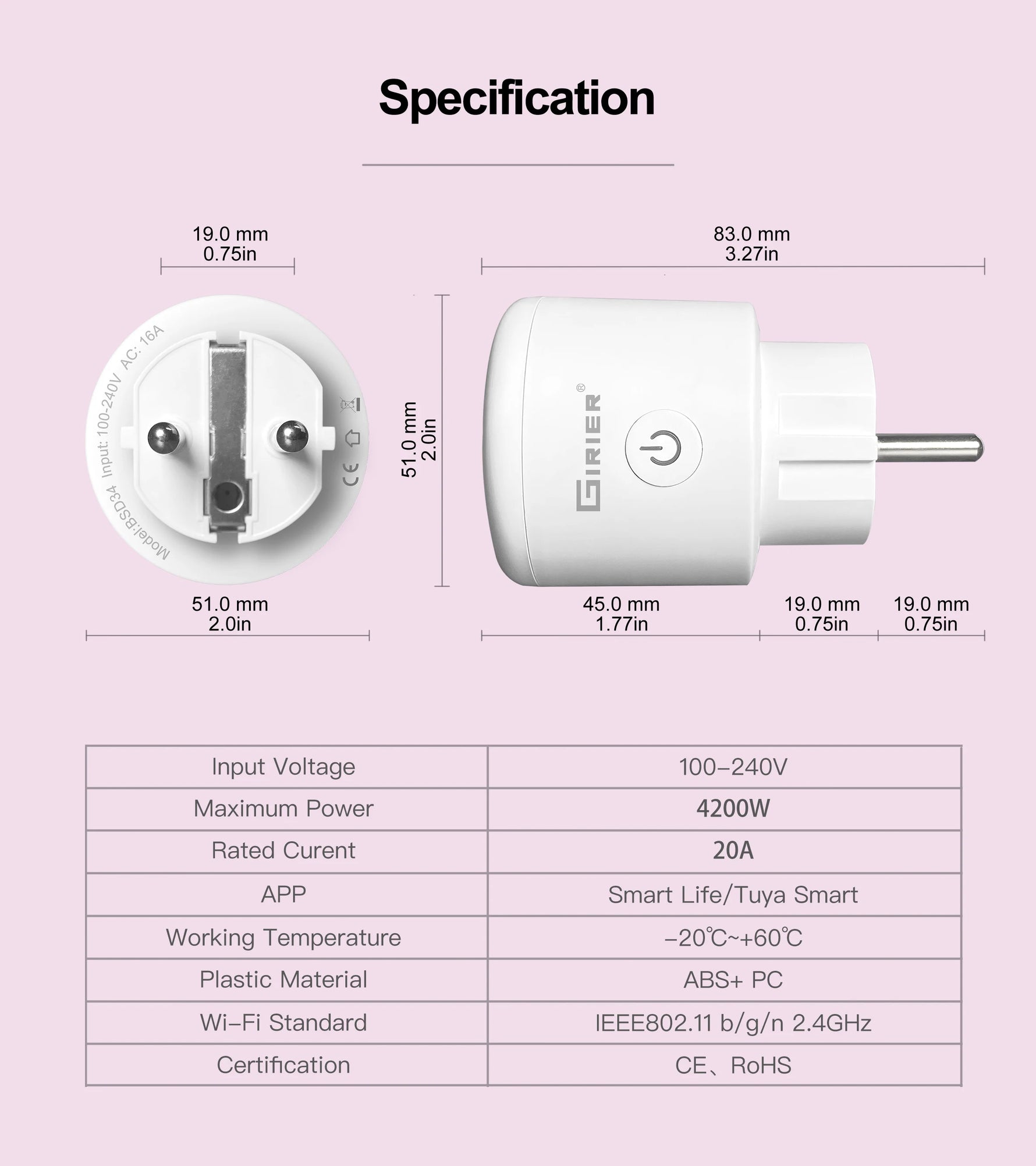 GIRIER Tuya Smart Wifi Plug EU with Power Monitoring 20A Smart Socket Outlet 4200W Compatible with Alexa Hey Google Yandex Alice
