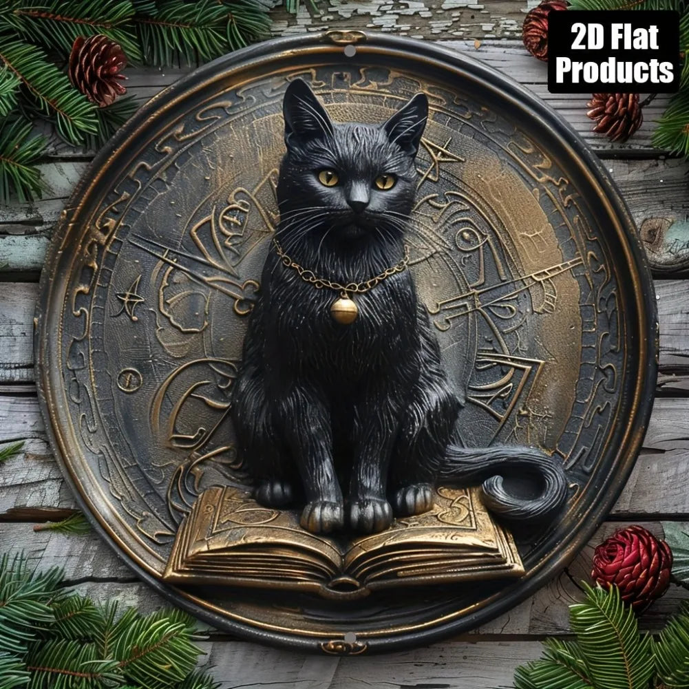 1pc 8x8" 2D Flat Vintage Black Cat & Book Aluminum Art - Round Decorative Sign, Mystical Zodiac Design for Bar, Holiday Gift
