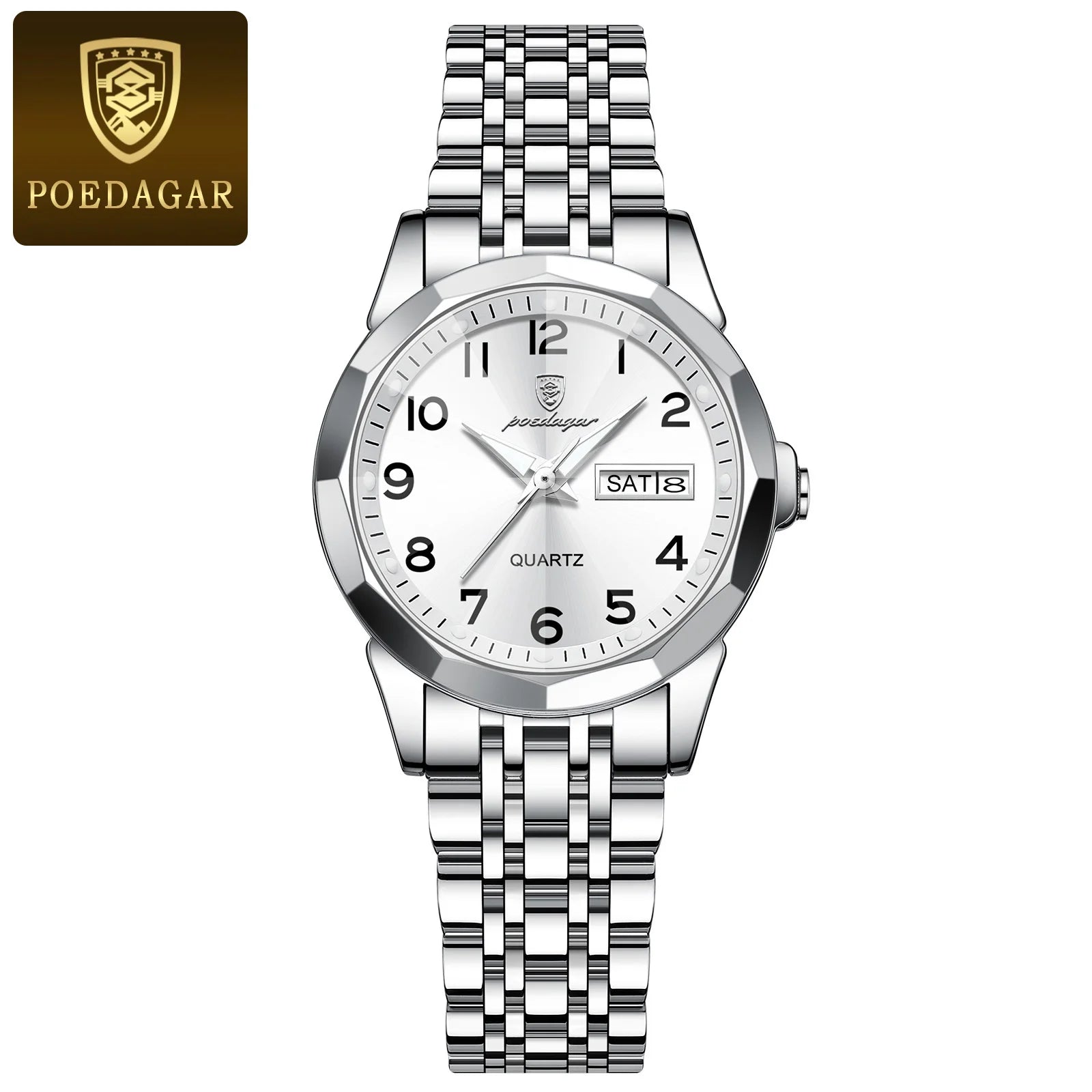 POEDAGAR Fashion Ladies Watch Waterproof Luminous Date Week Watch for Woman High Quality Stainless Steel Women's Quartz Watches
