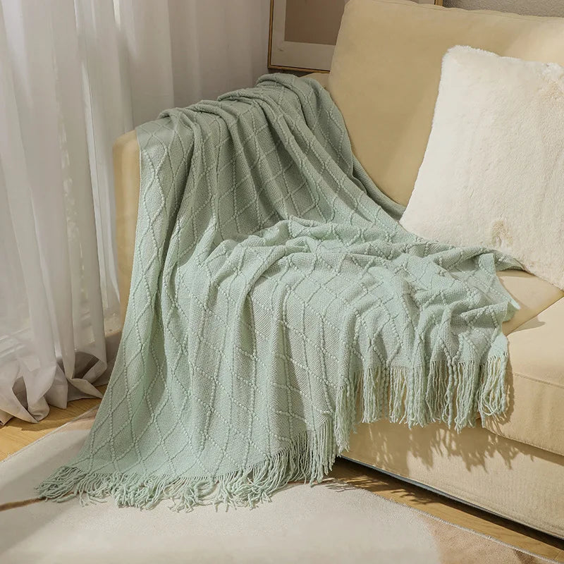 Khaki Gift Knitted Blanket with Tassels Chunky Vintage Luxury Farmhouse Throw Bedspread Oversized Blanket Cover Manta Para Sofá