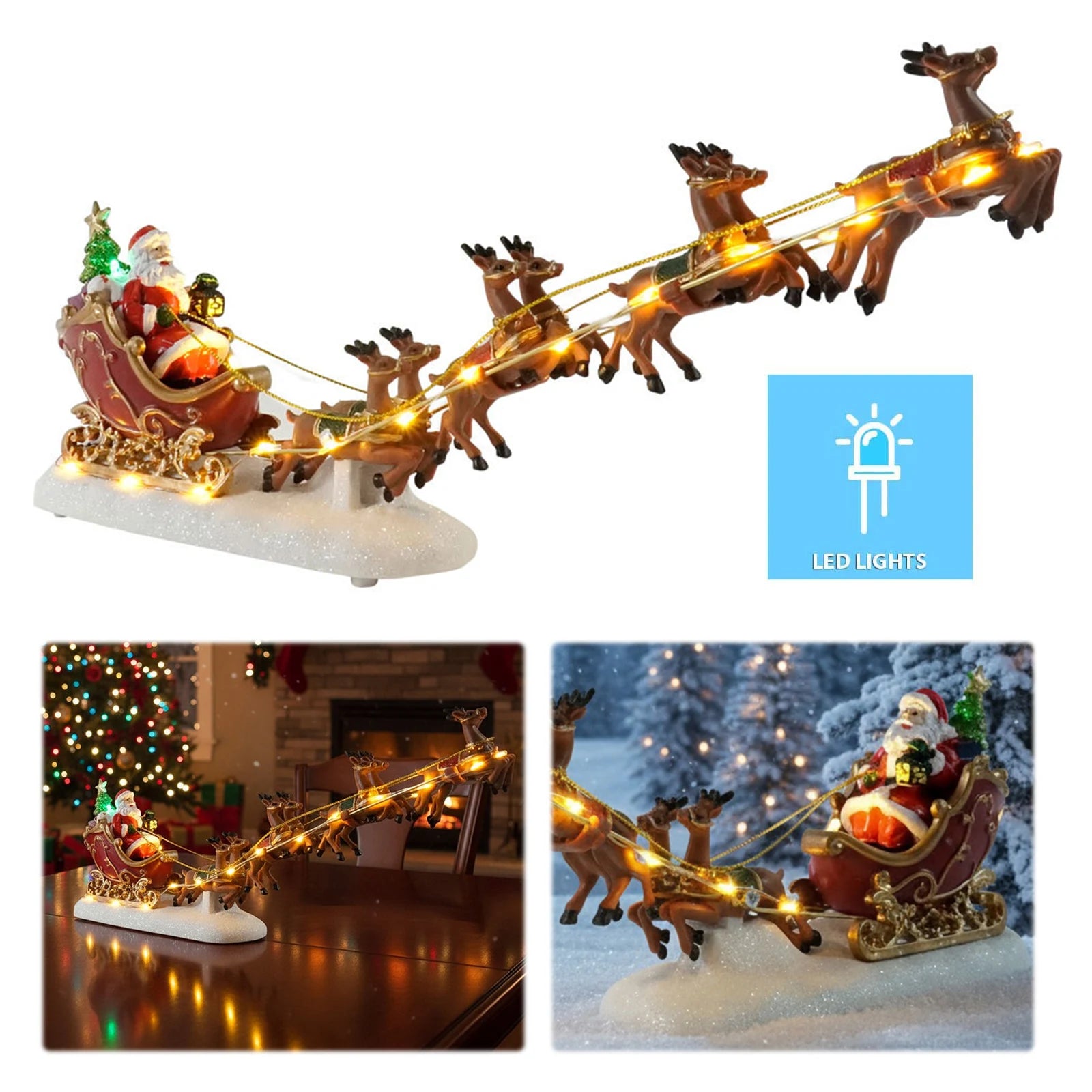 Christmas Santa Claus Sleigh and Reindeer Figurine with LED Lights Holiday Ornament Xmas Home Tabletop Decoration Gift