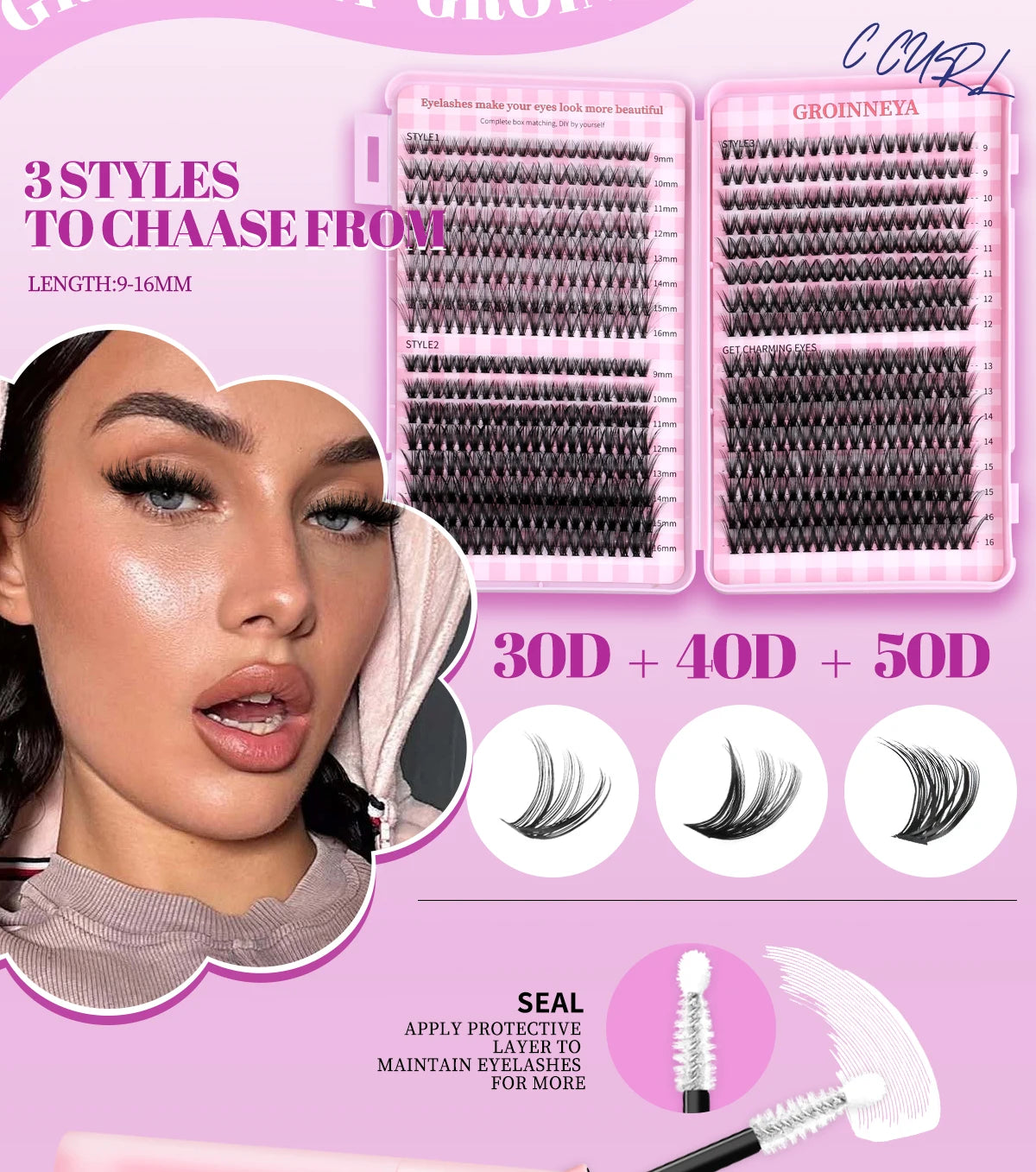 GROINNEYA DIY Lash Clusters Set Mixed Tray Lashes Kit Fluffy Individual Lashes Extension with Lash Bond and Seal At Home Makeup
