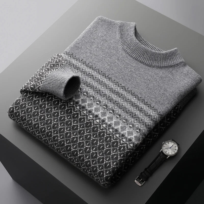 Men's Sweater Pullover Long Sleeve 100 Pure Woolen Sweater Autumn/Winter New Half High Collar Jacquard Knit Thickened Casual Top
