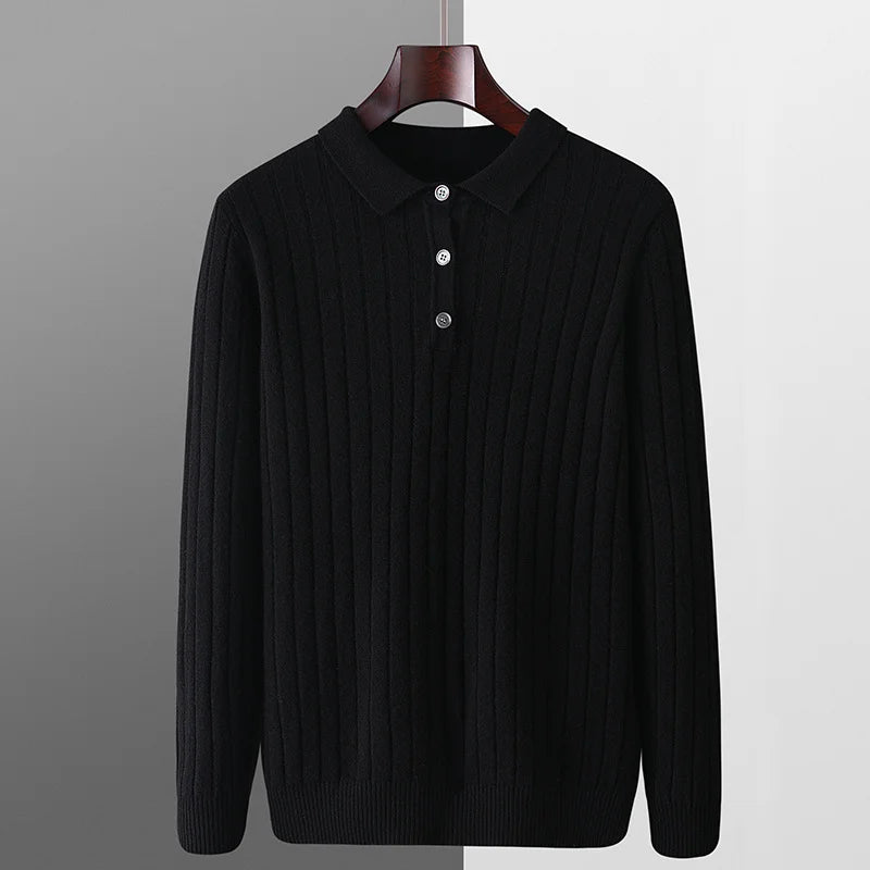 Winter New Men's Pure Wool Sweater Loose POLO Collar Vertical Pattern Thickened Sweater Casual Business High end CashmereSweater