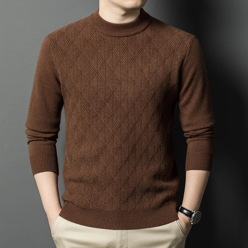 High Quality Winter Men's Mock Neck Knitted Sweater Solid Color Thick Warm Knit Pullovers Men Slim Fit Smart Casual Sweaters