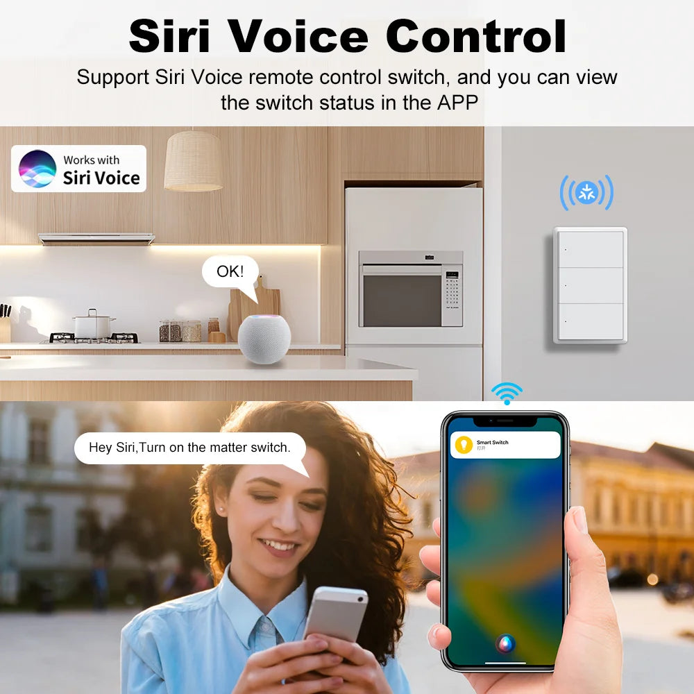 Manhot Matter WiFi Smart Wall Light Switch 1 2 3 4 Gangs with Neutral Wire Push  Physical Light Switches work with Homekit App