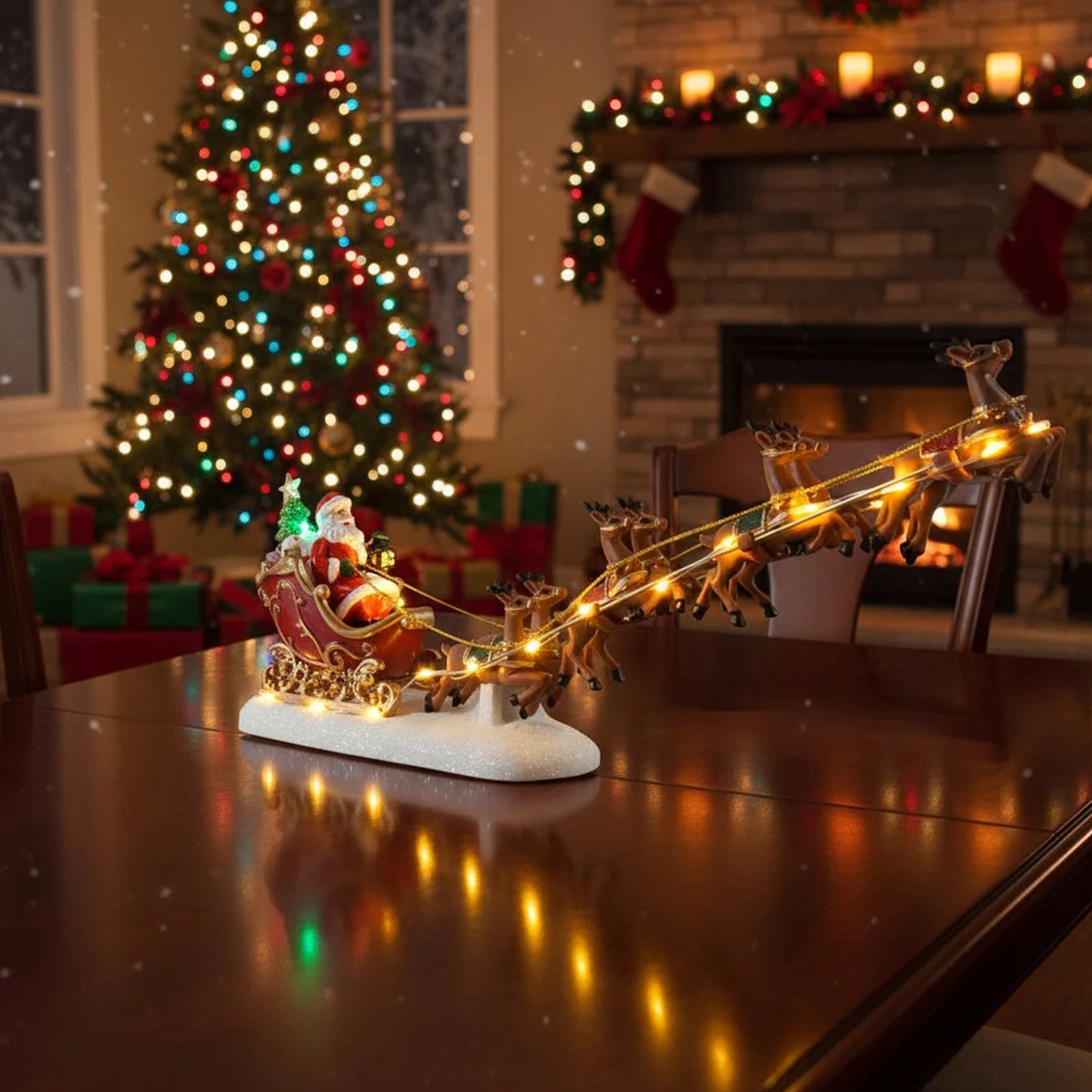 Christmas Santa Claus Sleigh and Reindeer Figurine with LED Lights Holiday Ornament Xmas Home Tabletop Decoration Gift
