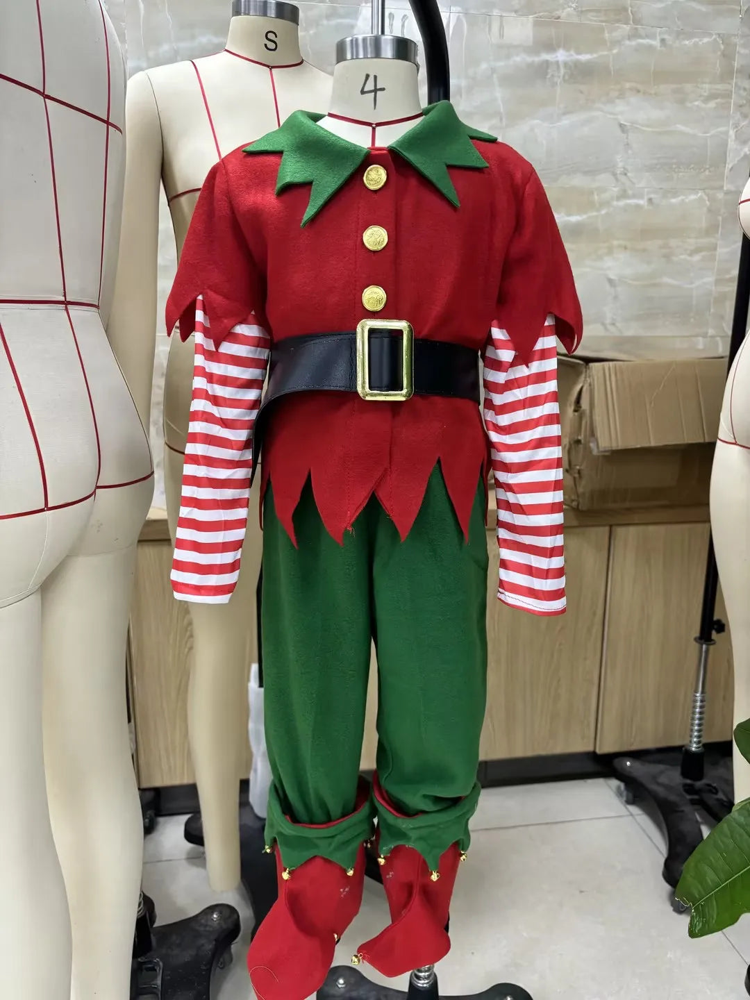 Christmas Elf Costume Clothes Boys Red and Green Patchwork Tops+Pants+Hats+Belt+Socks Cosplay Party Outfits