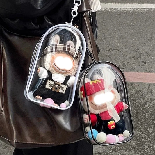 Colorful Transparent Protector Case Organizer Box for 17cm Labubu Plush Dolls Outdoor Display Bag With Keychain Doll Accessories
