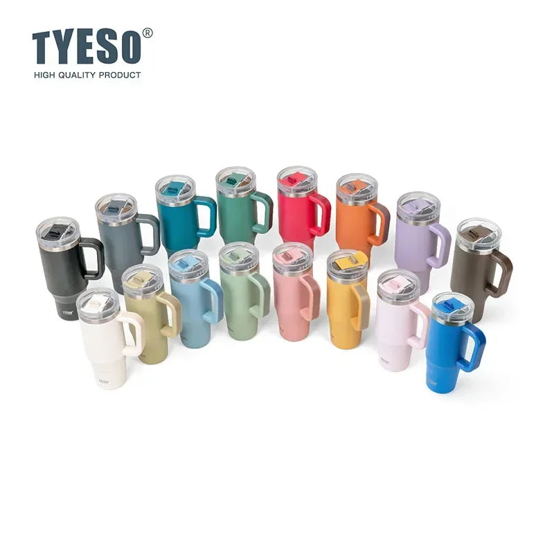 Tyeso 900/1200ML Tumbler Bottle Stainless Steel Car Mug With Handle Straw Thermal Iced Travel Vacuum Insulated Coffee Hot Cup
