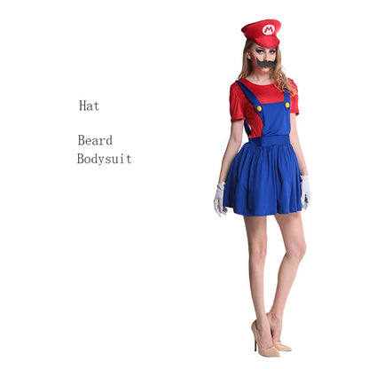 Disguised men's Luigi luxury adult costume super brother costume role-playing fancy dress set Halloween women's hat and beard