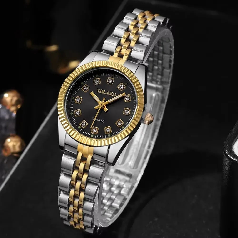 1pcs Women's Fashion Round Room Gold Steel Band Quartz Wristwatch