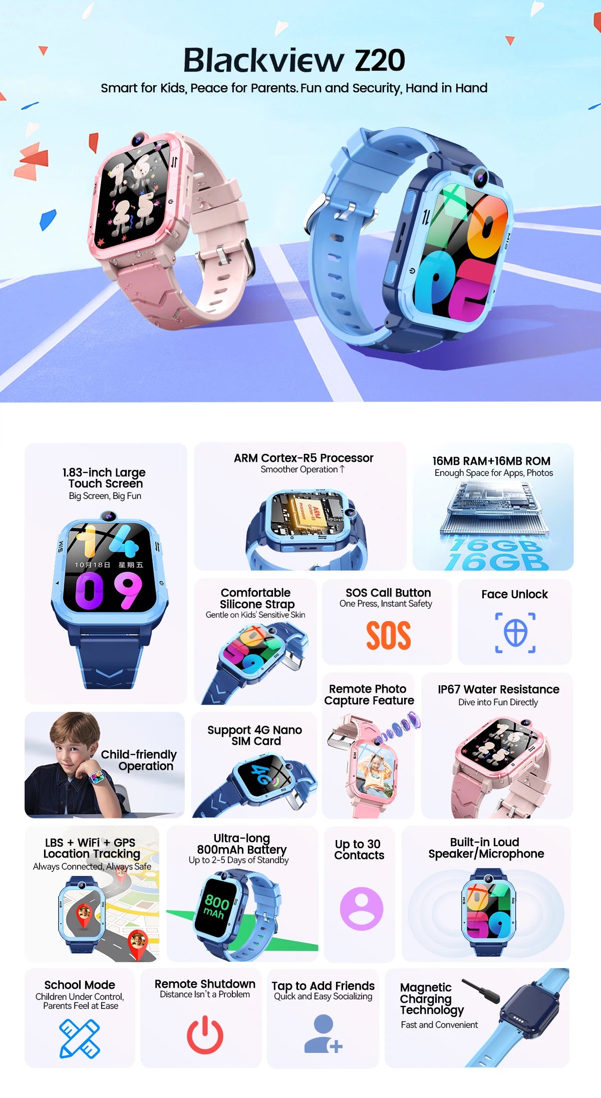 Blackview Z20 Kids Smartwatch IP67 Waterproof, 4G SOS Emergency Calling , Monitor, GPS +LBS+WIFI Location Tracking Phone Watch