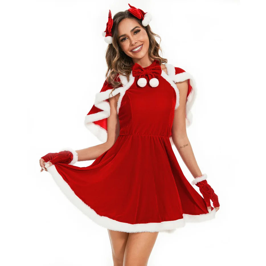Red Sexy Christmas Uniforms Women's Santa Dress Adult Role Playing Outfit With Shawl Party Performance Fancy Clothing