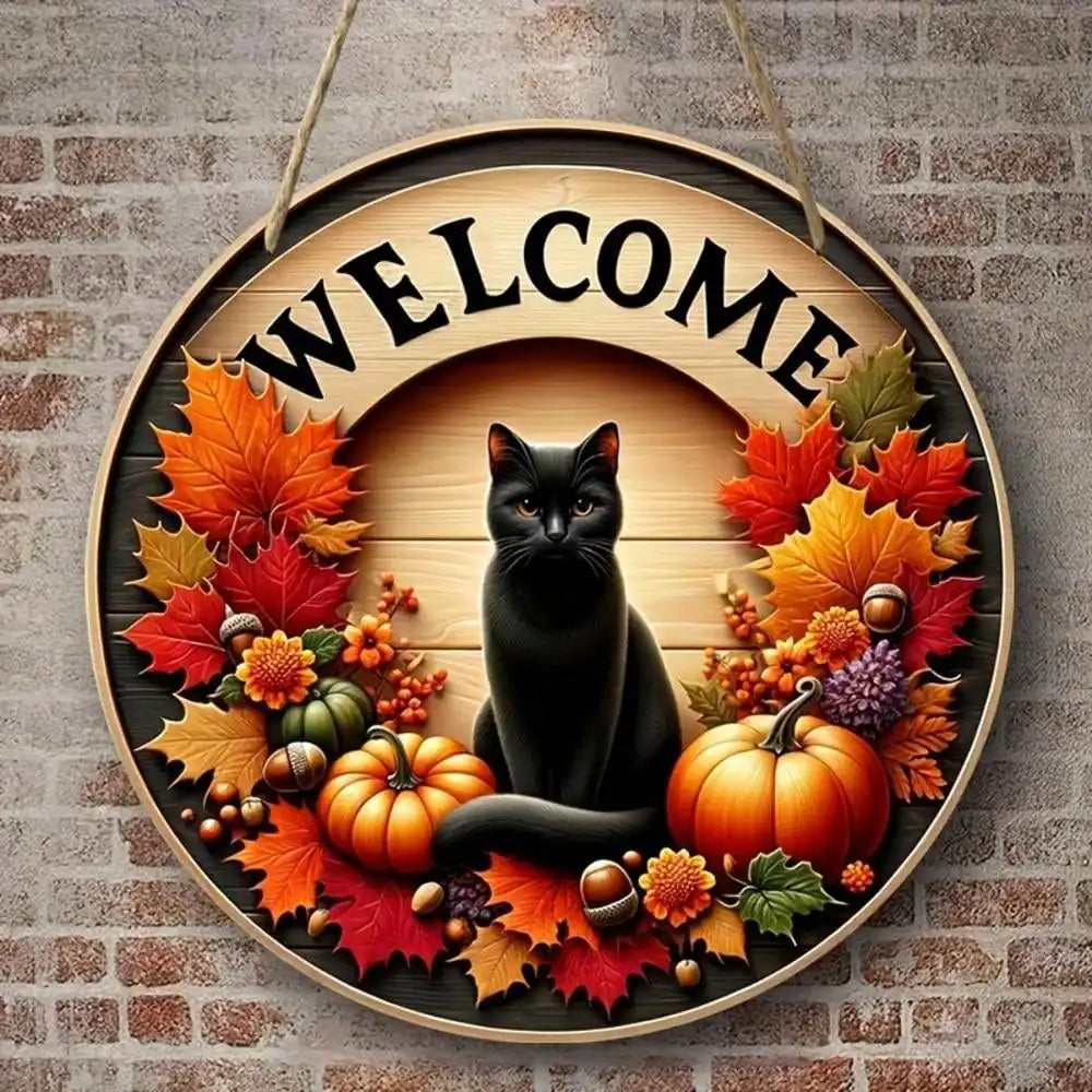 Autumn Round Welcome Sign, Black Cat & Fall Harvest Elements (Pumpkins, Maple Leaves), Wooden Hanging Wall Decor for Home Porch