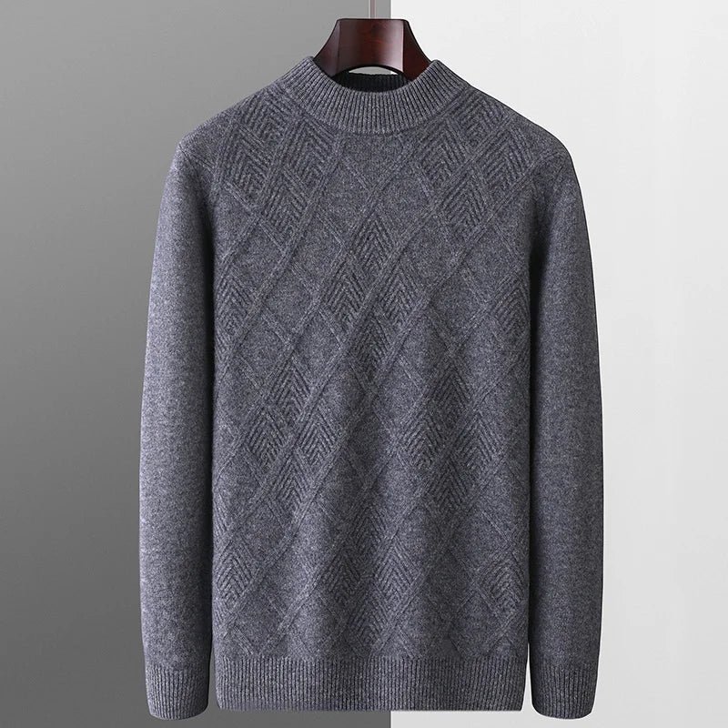 Autumn and winter new 100% pure wool men's diamond thick loose middle-aged and young business half height warm pullover sweater