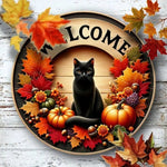 Autumn Round Welcome Sign, Black Cat & Fall Harvest Elements (Pumpkins, Maple Leaves), Wooden Hanging Wall Decor for Home Porch