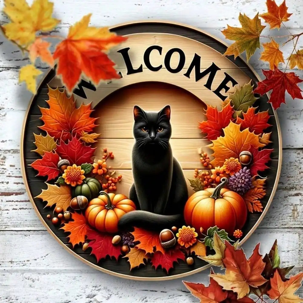 Autumn Round Welcome Sign, Black Cat & Fall Harvest Elements (Pumpkins, Maple Leaves), Wooden Hanging Wall Decor for Home Porch