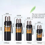 500/700/1000/1500ml Stainless Steel Thermos Flask Metal Drinkware Portable Vacuum Insulated Coffee Bottle with Rope and Cup