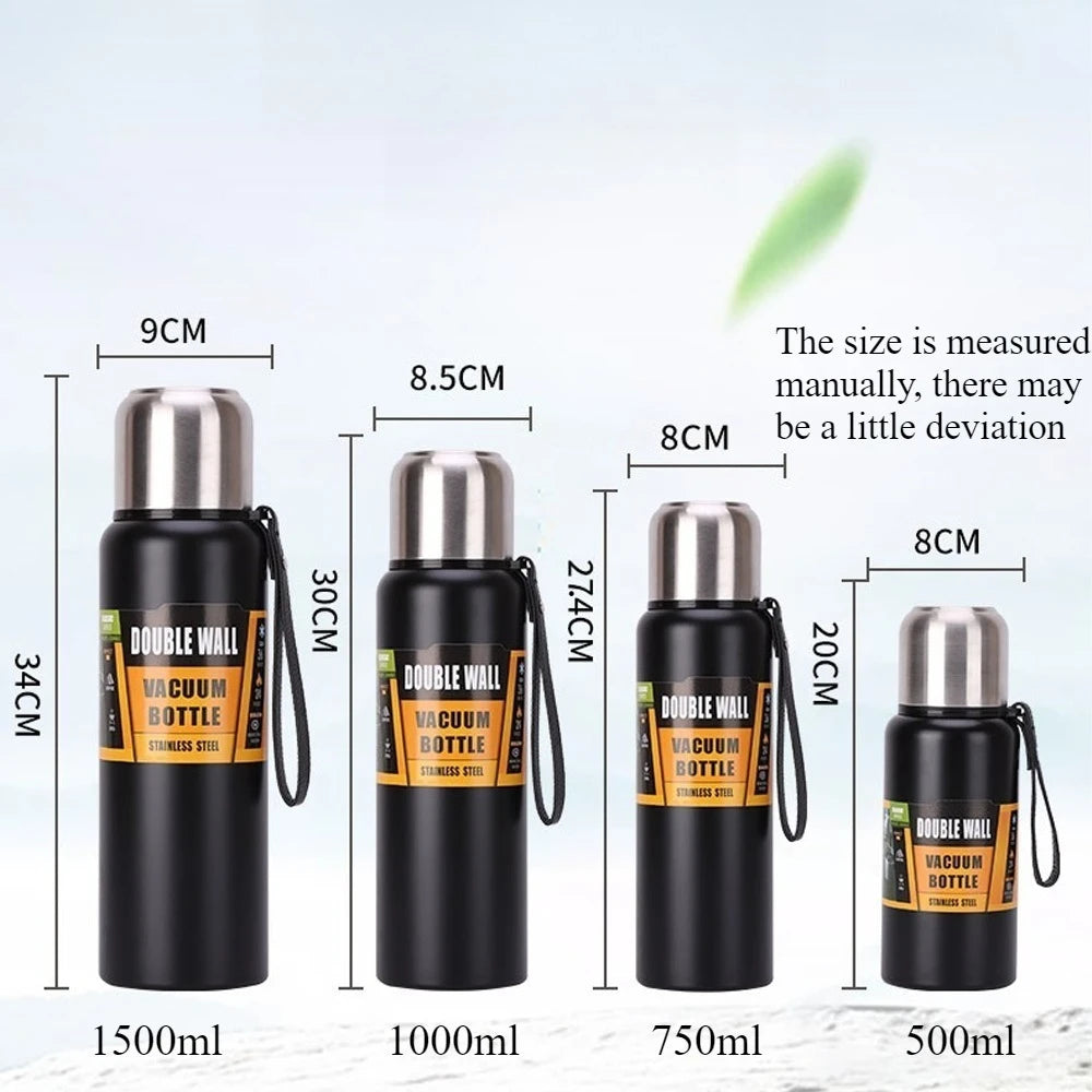 500/700/1000/1500ml Stainless Steel Thermos Flask Metal Drinkware Portable Vacuum Insulated Coffee Bottle with Rope and Cup