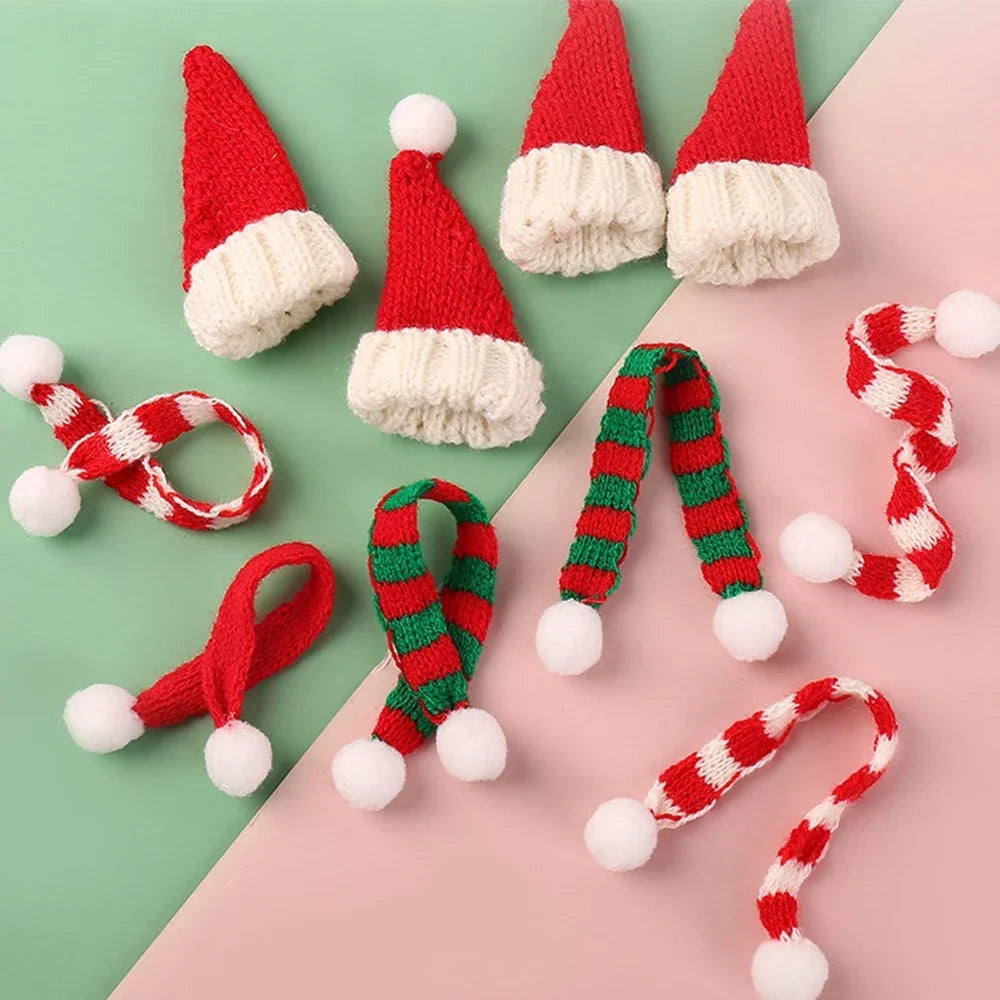 Mini Santa Knitted Hat & Scarf Small Christmas Costume for Cat Rabbit Doll Lollipop Bottle Cap DIY Xmas Party Dinner Decoration