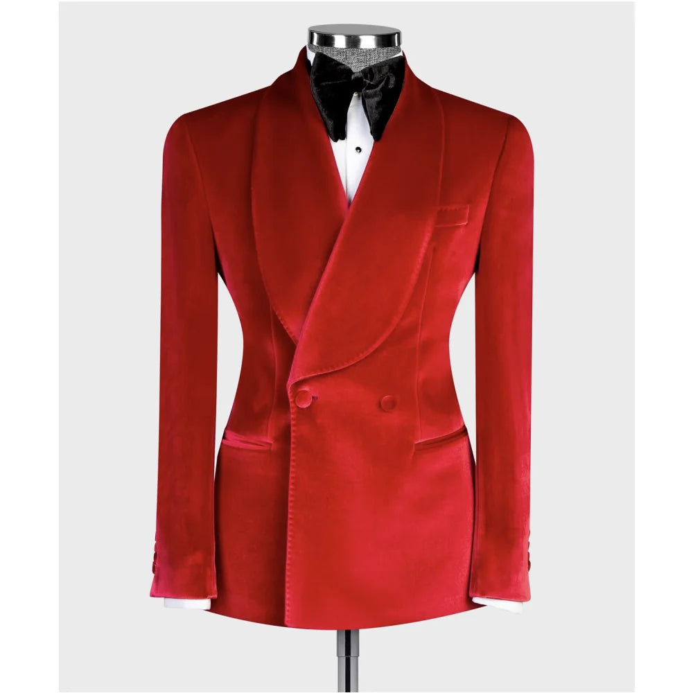 Luxury Red Velvet Smoking Men Suits Shawl Lapel Jackets Pant Set Wedding Party Prom Suit Formal Tuxedos 2 Pieces Blazer Sets