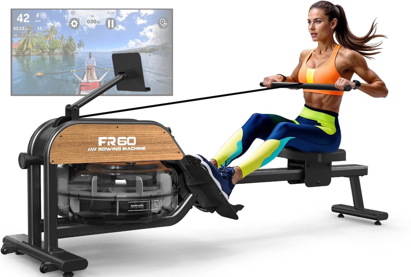 Fysiq Home Rowing Machine, Made of High-Quality Wood, 28L Extra-Large Water Tank, 50% Increased Resistance, Bluetooth Display, Maximum User Height 200cm