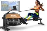 Fysiq Home Rowing Machine, Made of High-Quality Wood, 28L Extra-Large Water Tank, 50% Increased Resistance, Bluetooth Display, Maximum User Height 200cm