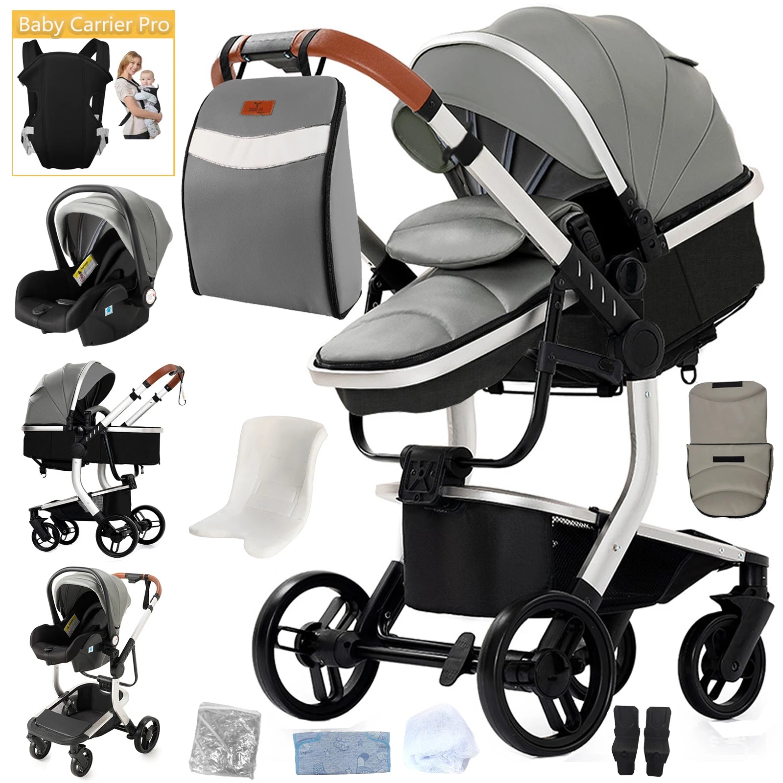 Lightweight Baby Stroller 3 in 1 Stroller PU Leather Stroller for Newborn Baby Car Seat Portable Baby Cart Pram High Landscape