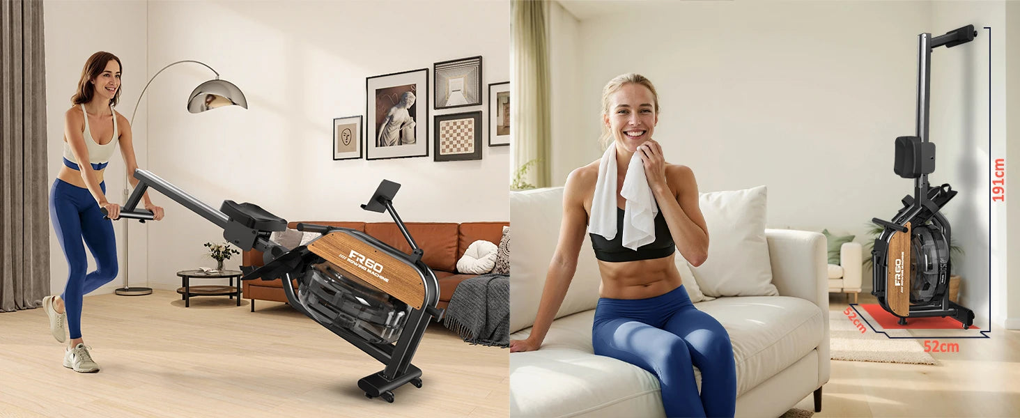 Fysiq Home Rowing Machine, Made of High-Quality Wood, 28L Extra-Large Water Tank, 50% Increased Resistance, Bluetooth Display, Maximum User Height 200cm