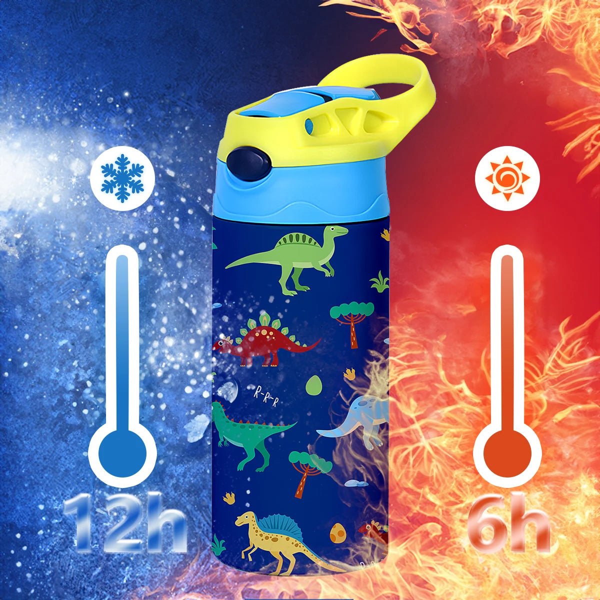 12OZ/350ml Cartoon Pattern Thermos Cup Stainless Steel Insulated Bottle Children Thermos Kettle Outdoor Portable Handheld Cup