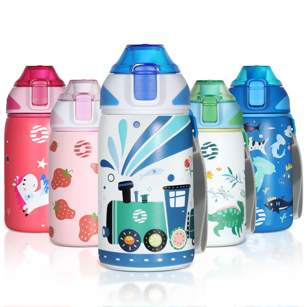 Fjbottle Kids Water Bottle Stainless Steel 400ml,1-Click Opening, BPA-Free Leak-proof Thermos Bottle, Cartoon Water bottle
