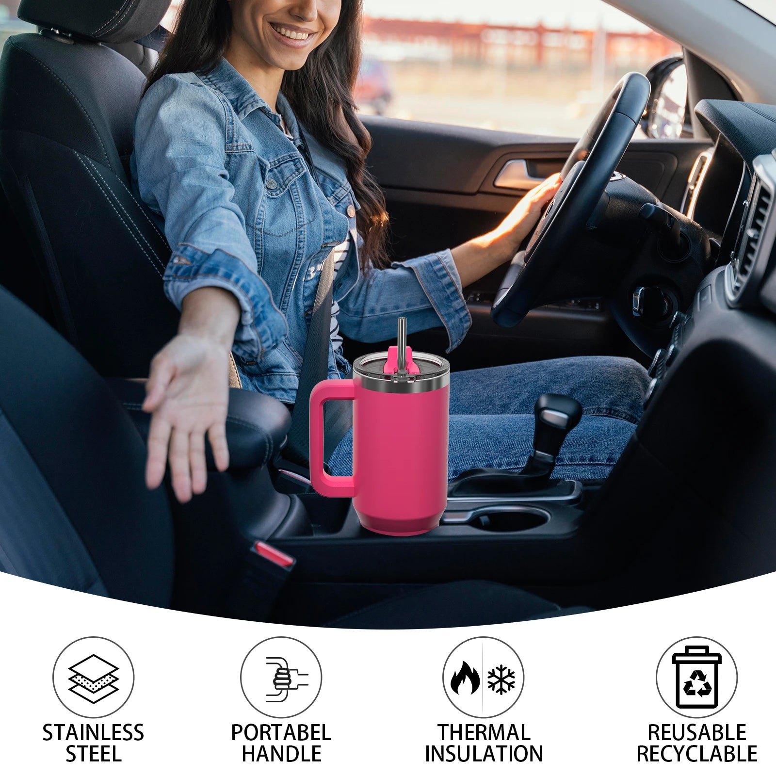 591ml Stainless Steel Insulated Cup 20oz Tumbler with Handle and Straw Keep Cold and Hot Thermal Mug Portable Car Travel Mug