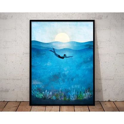 Blue Ocean Canvas Prints Minimalist Nautical Wall Art Wild Swimming Whales Seascape Poster Surfer Waves Picture Home Decor