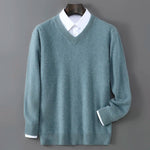 V-Neck Men's 100% Pure Wool Pullover Knitted Sweater, Business Casual Solid Color Simple Long Sleeved Fashionable Loose Warm Top