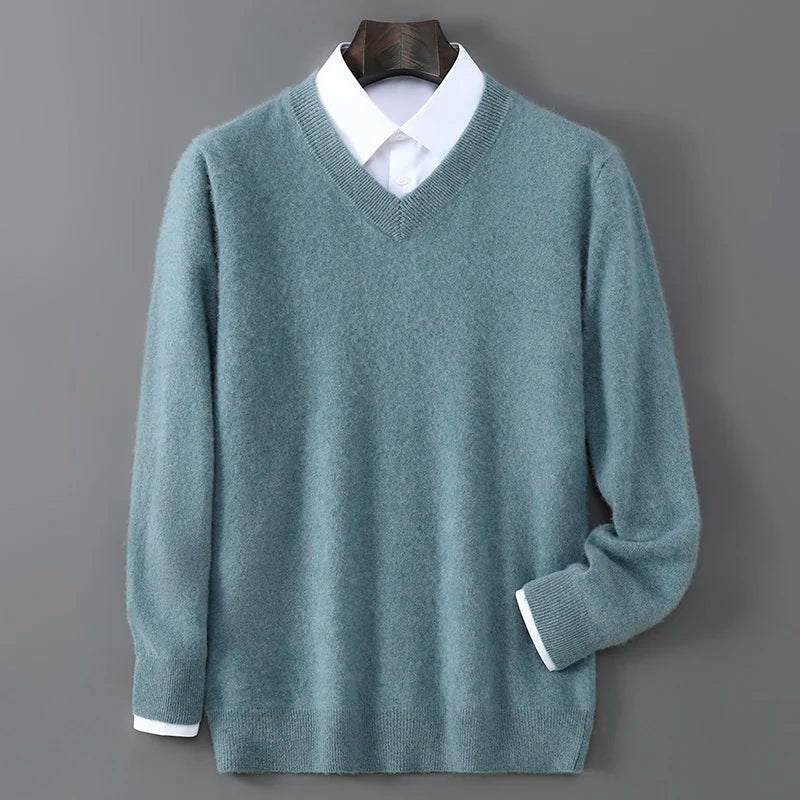 V-Neck Men's 100% Pure Wool Pullover Knitted Sweater, Business Casual Solid Color Simple Long Sleeved Fashionable Loose Warm Top