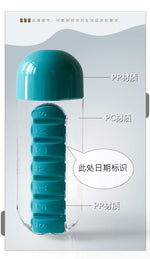 Portable Water Bottle with Built-in Pill Box for Medicines, Vitamins, Perfect for Outdoor, Gym, Fitness, Camping and Traveling
