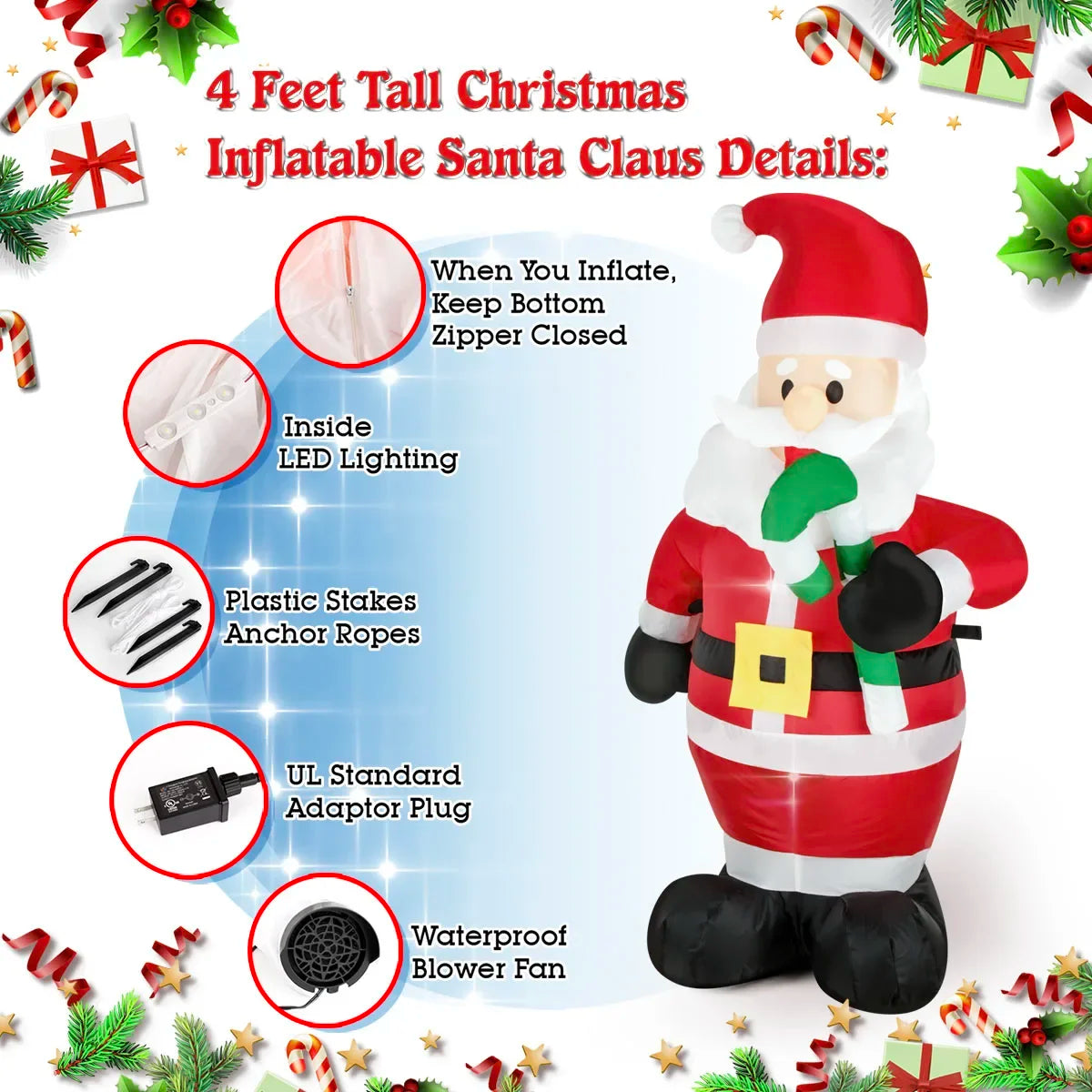 Christmas Inflatable Decorations - Branch Snowman, Santa Claus, Gingerbread Man, Gift Bag Snowman LED Light Lawn Decorations