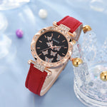 Women Watch Ring Necklace Earrings Bracelet Set Watches Butterfly Leather Strap Ladies Quartz WristWatch (No Box)