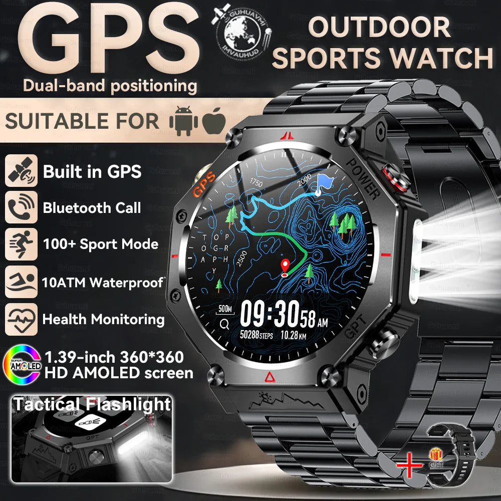 2025 New T-Rex 3 Ultra GPS Men SmartWatch 10ATM Waterproof Built-in Dual-band GNSS Compass Military Sport Flashlight Smart Watch